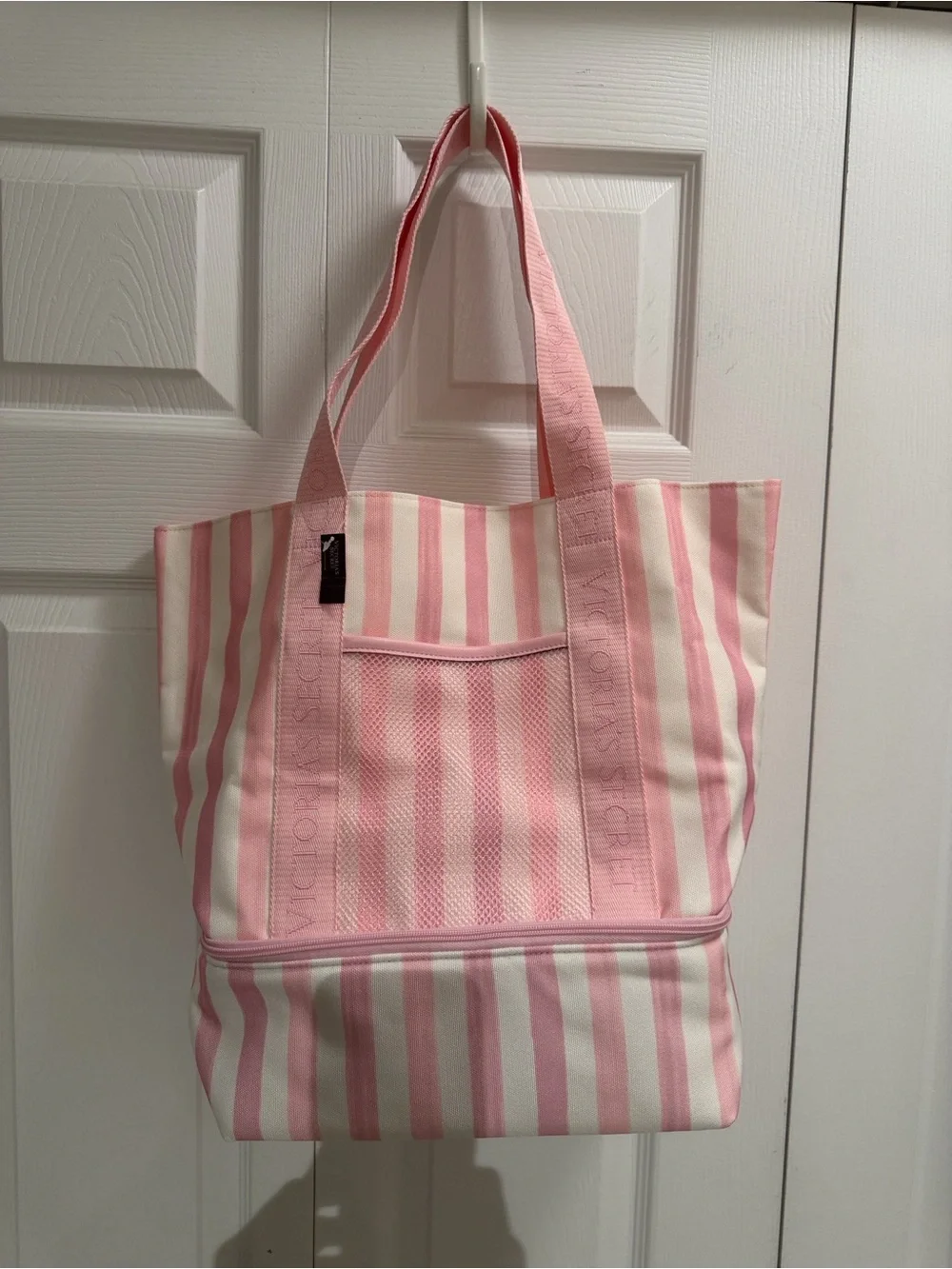 Victoria's Secret Pink and White Striped Canvas Tote with Front Pocket